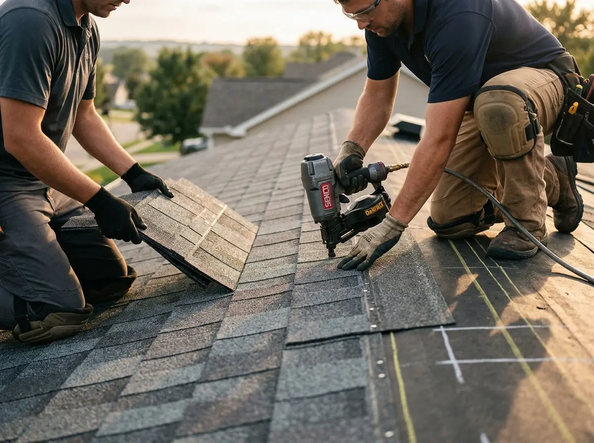 Professional roofer working on a residential roof in Hooksett